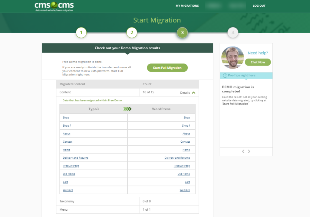 check the results of free demo typo3 to wordpress migration