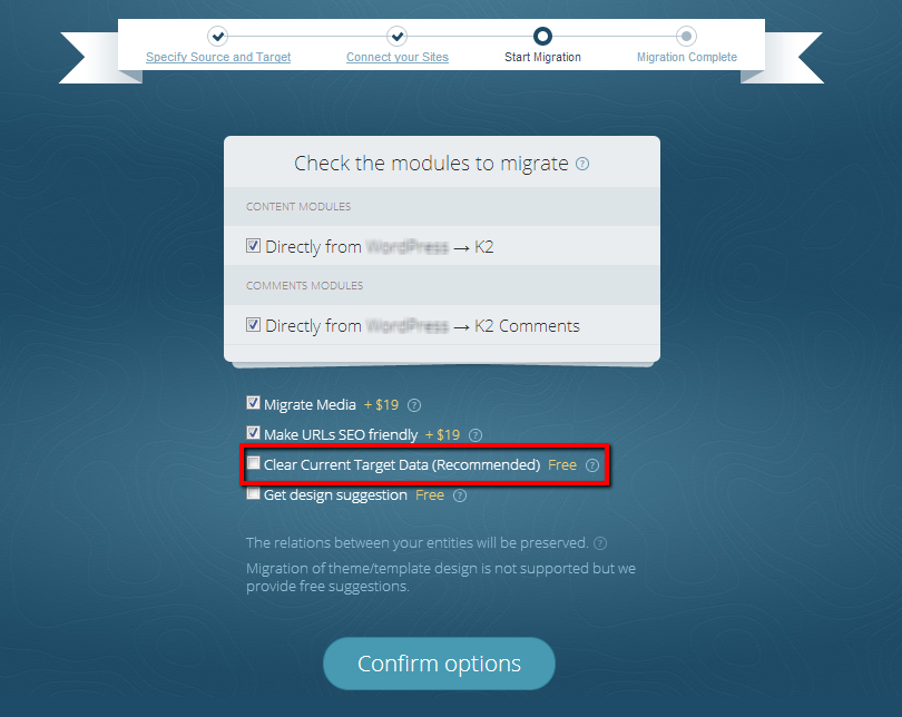 During Joomla Migration Choose the Option to Delete Your Data