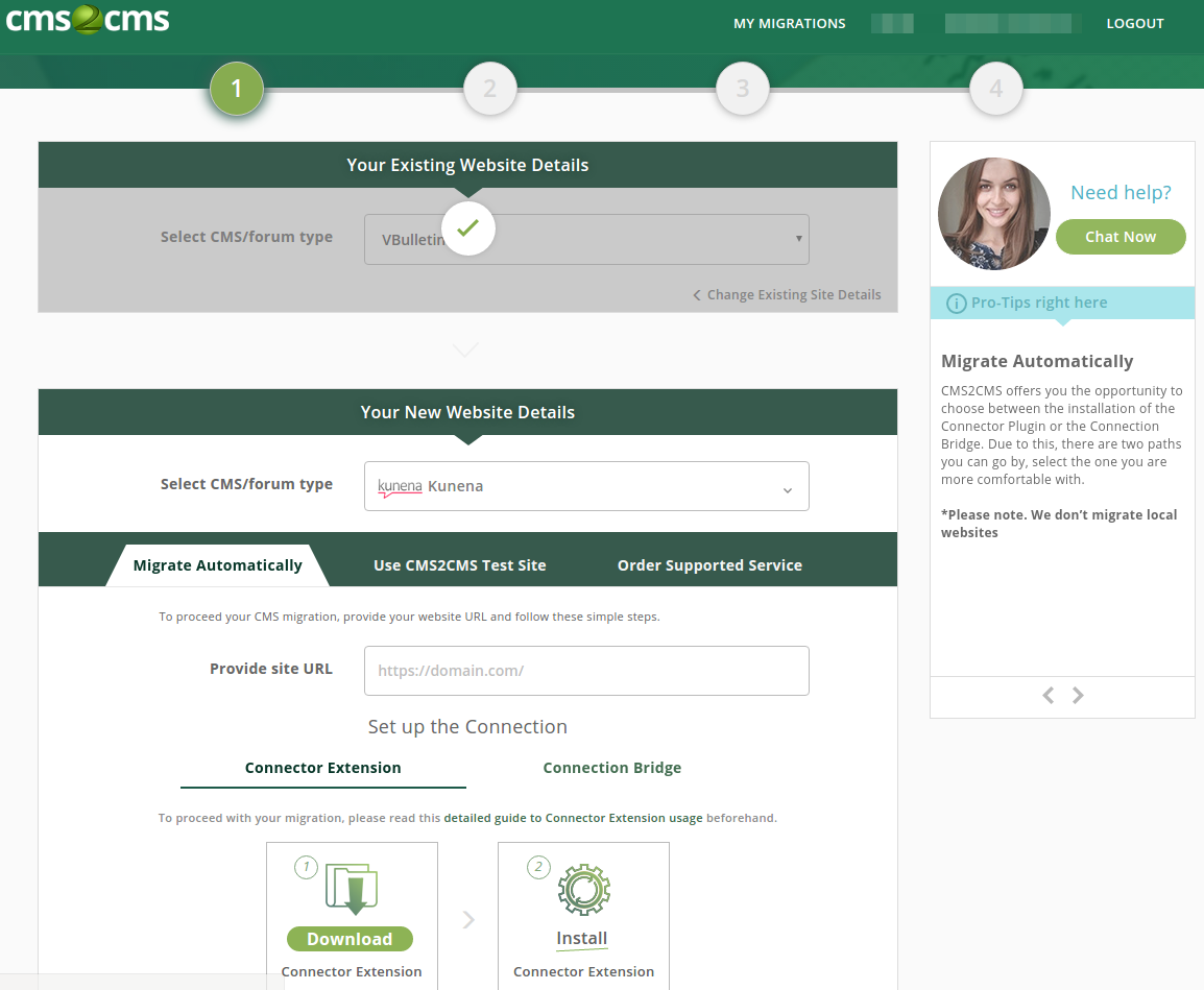 Choose CMS types of your source and target sites