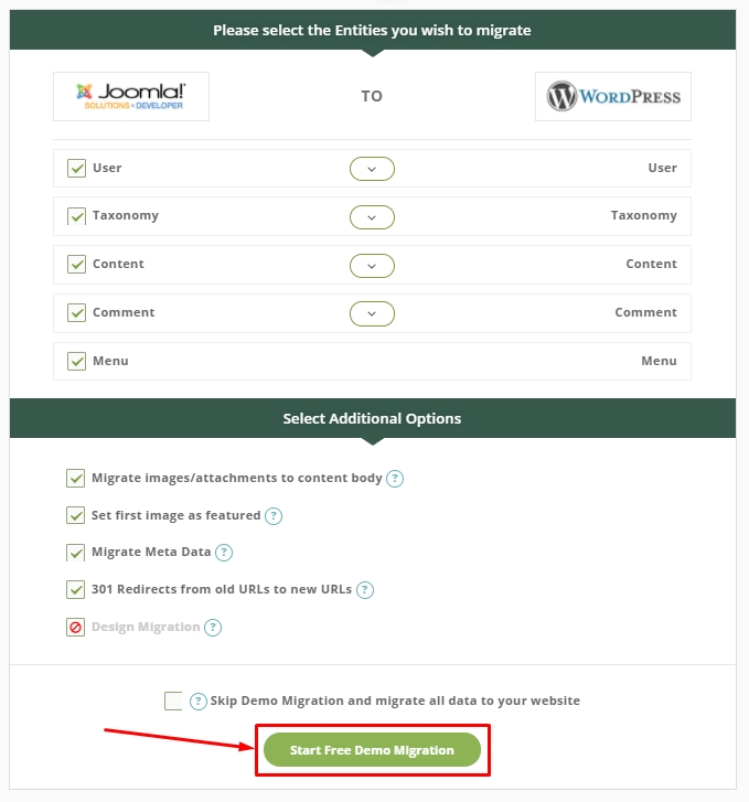 select the entities to migrate from joomla to wordpress