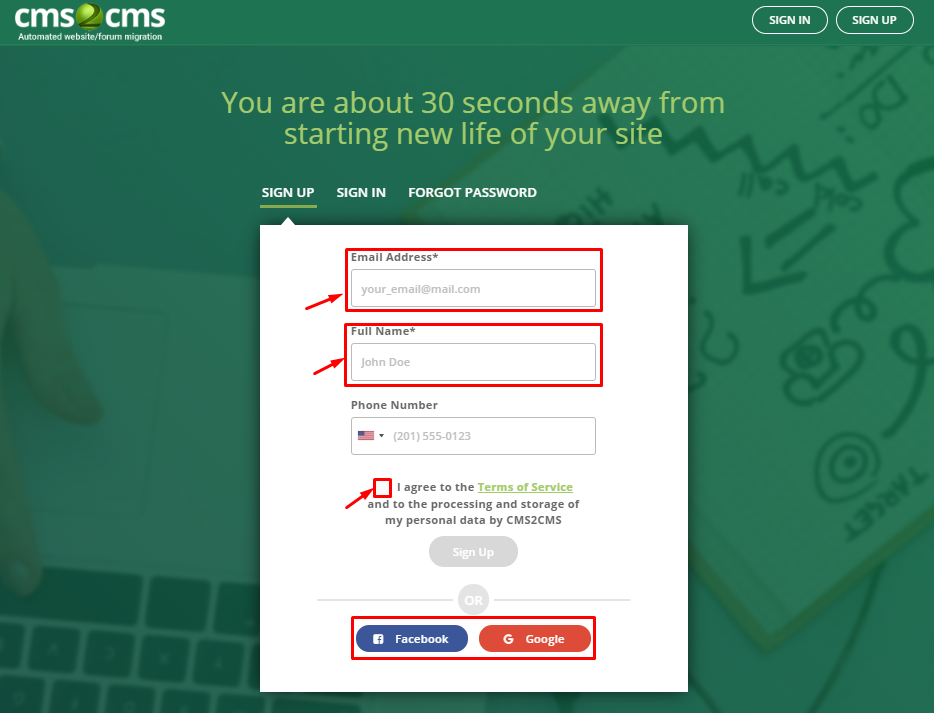 create your account to migrate joomla to wordpress